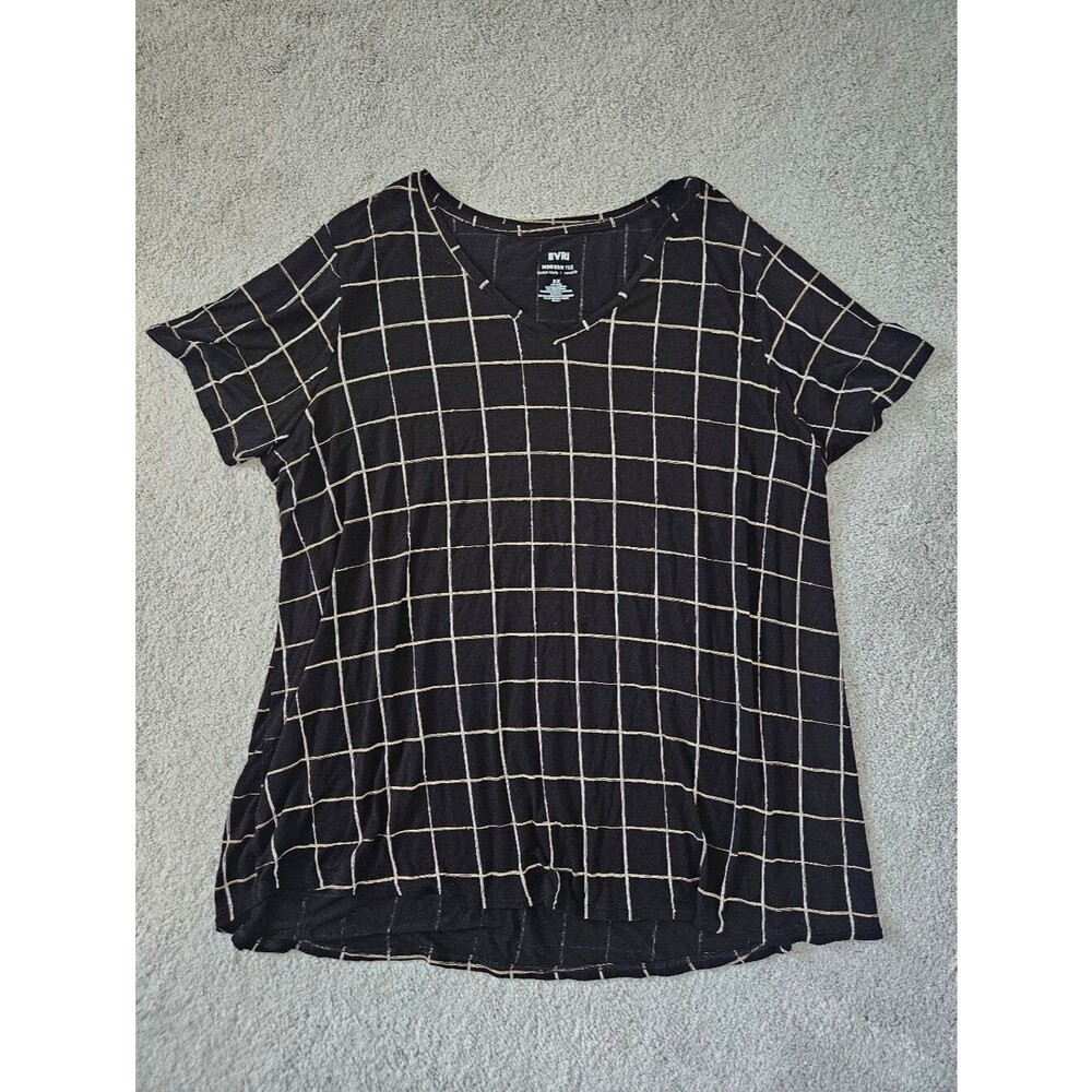 Evri Modern Tee Womens 2X Stretch Fabric Jersey Windowpane Brown Tan Vneck